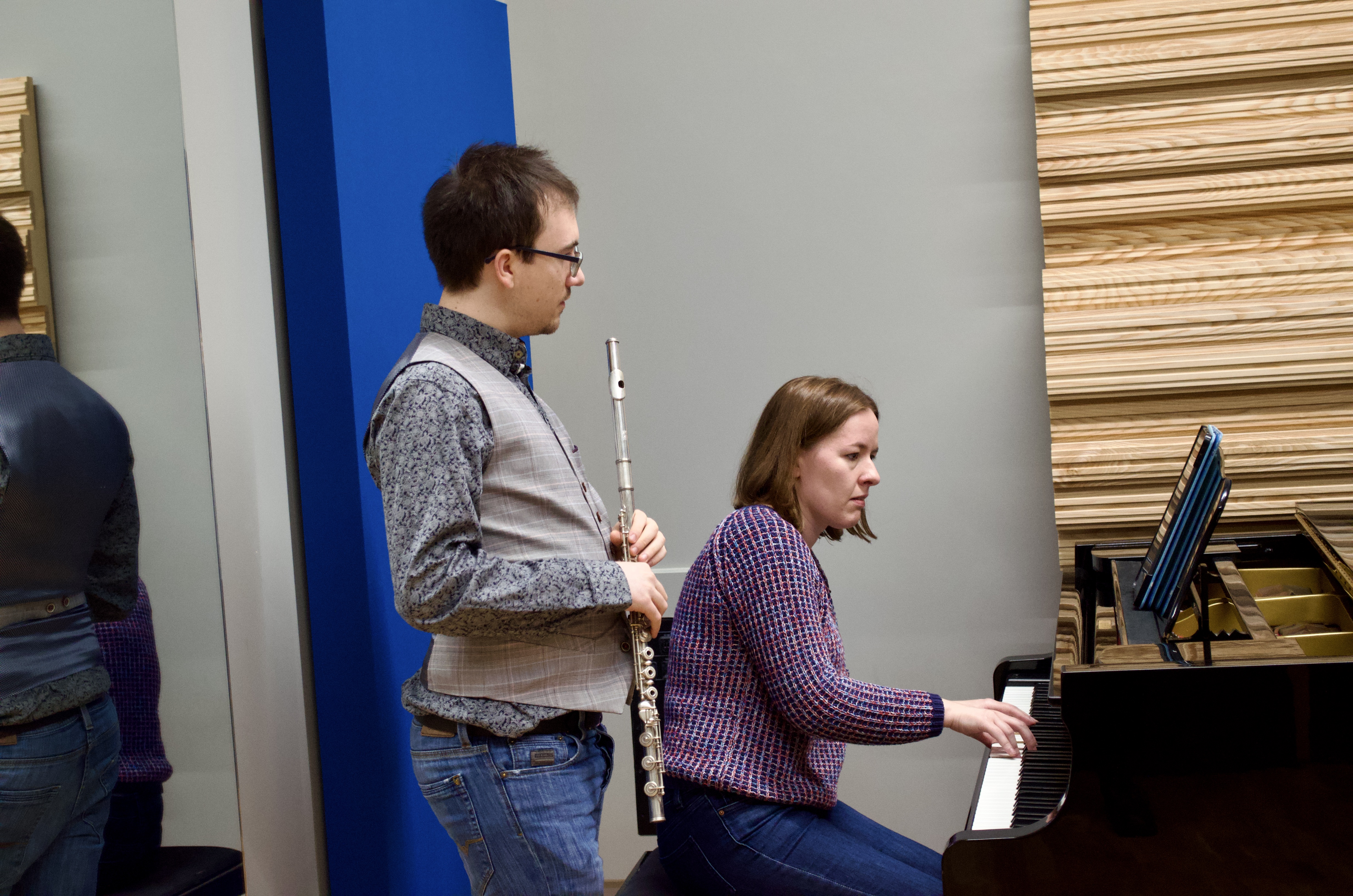 Chris and Amy discussing the music they are practicing.